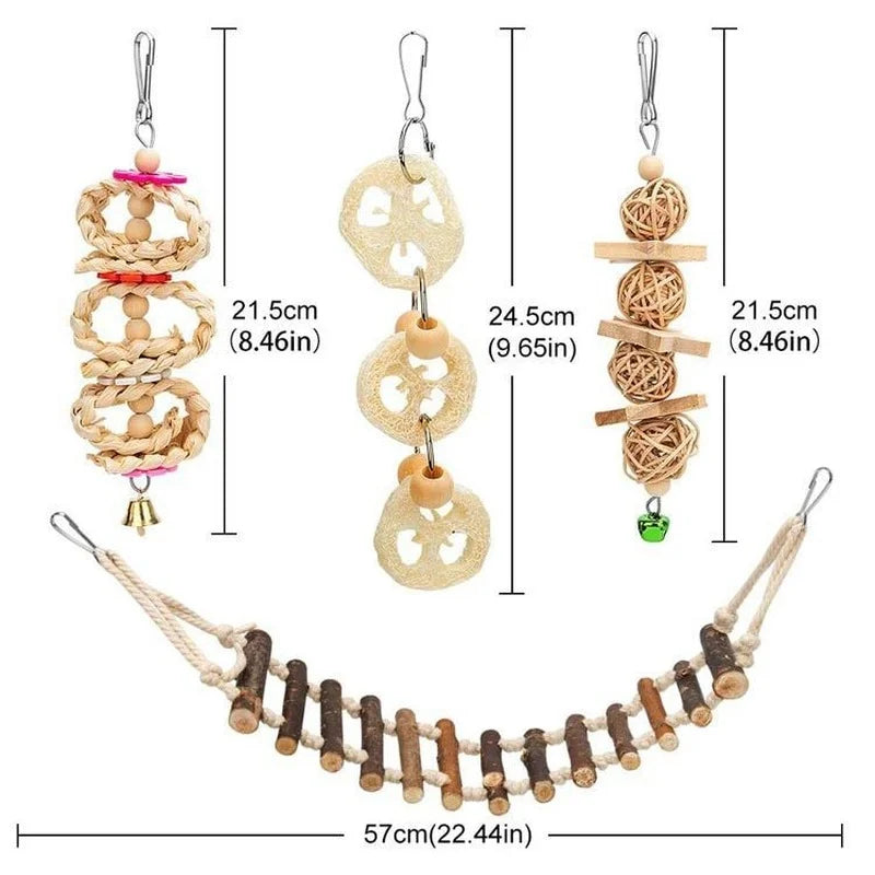 8PCS Set Combination Parrot Bird Toys Wood Articles Bite Pet Bird Toys For Parrot Training Bird Toy Swing Ball Bell Standing