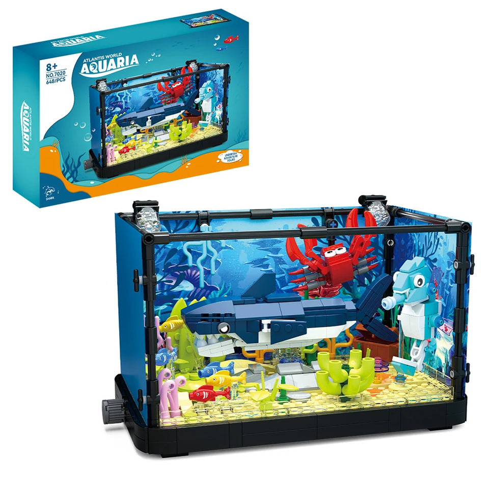 Fish Tank Building Kit with Lights, MOC Marine Aquarium Marine Animal Building Blocks Toys for Kids 6+, Bricks Toys Gifts