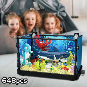 Fish Tank Building Kit with Lights, MOC Marine Aquarium Marine Animal Building Blocks Toys for Kids 6+, Bricks Toys Gifts