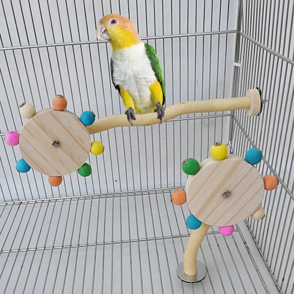 Funny Perch Toy with Rotating Balls Wood Interactive Bird Stand Colorful Parrot Foraging Toy Rotating Windmill Toy for Lovebirds