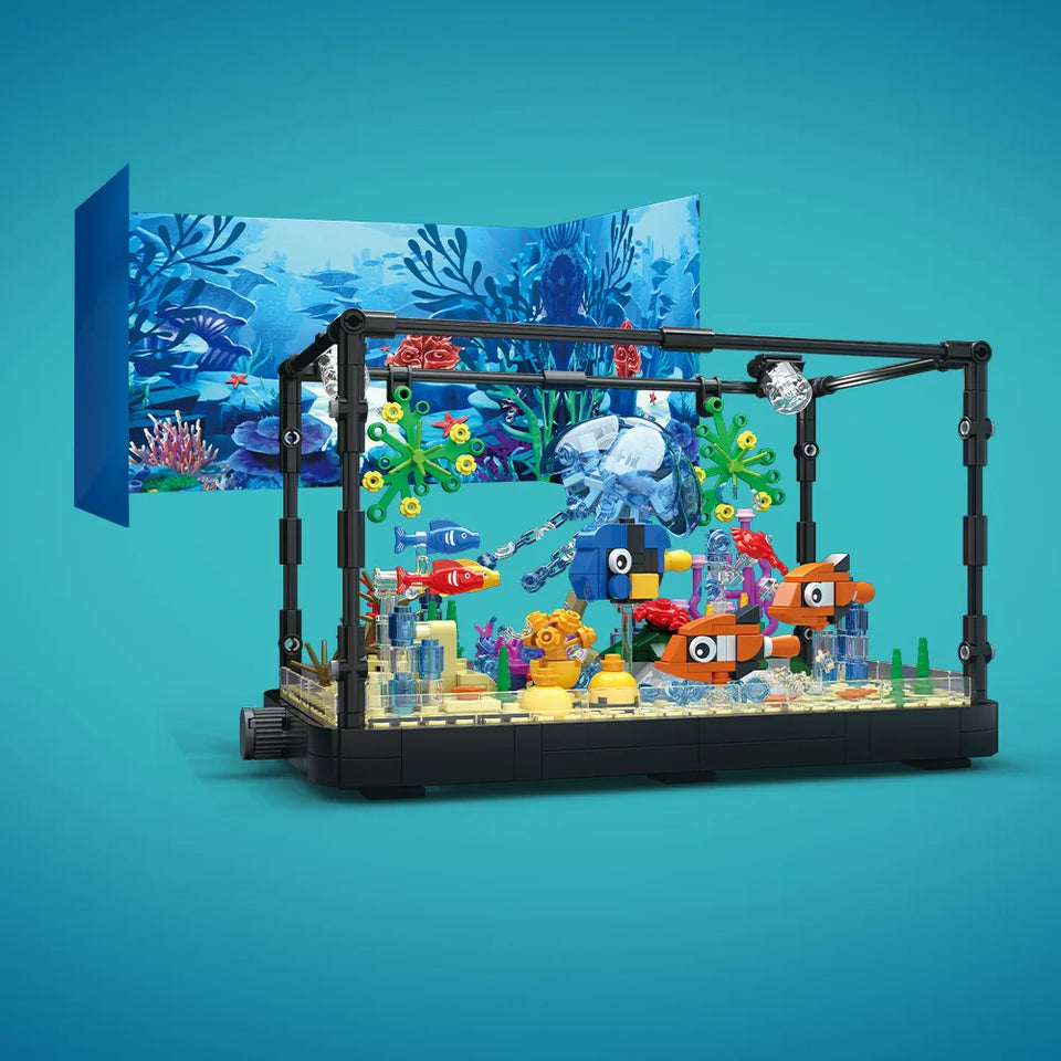 Fish Tank Building Kit with Lights, MOC Marine Aquarium Marine Animal Building Blocks Toys for Kids 6+, Bricks Toys Gifts