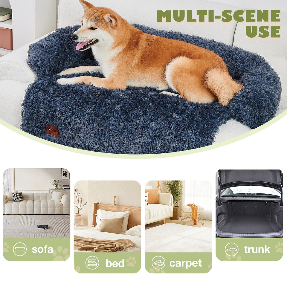 Dog Couch Bed Mat Fluffy Plush Dog Sofa Bed with Blanket