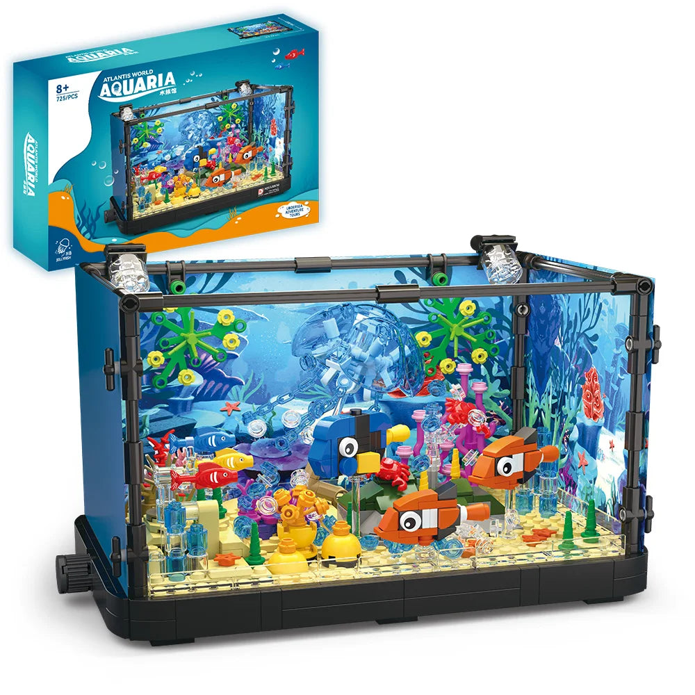 Fish Tank Building Kit with Lights, MOC Marine Aquarium Marine Animal Building Blocks Toys for Kids 6+, Bricks Toys Gifts